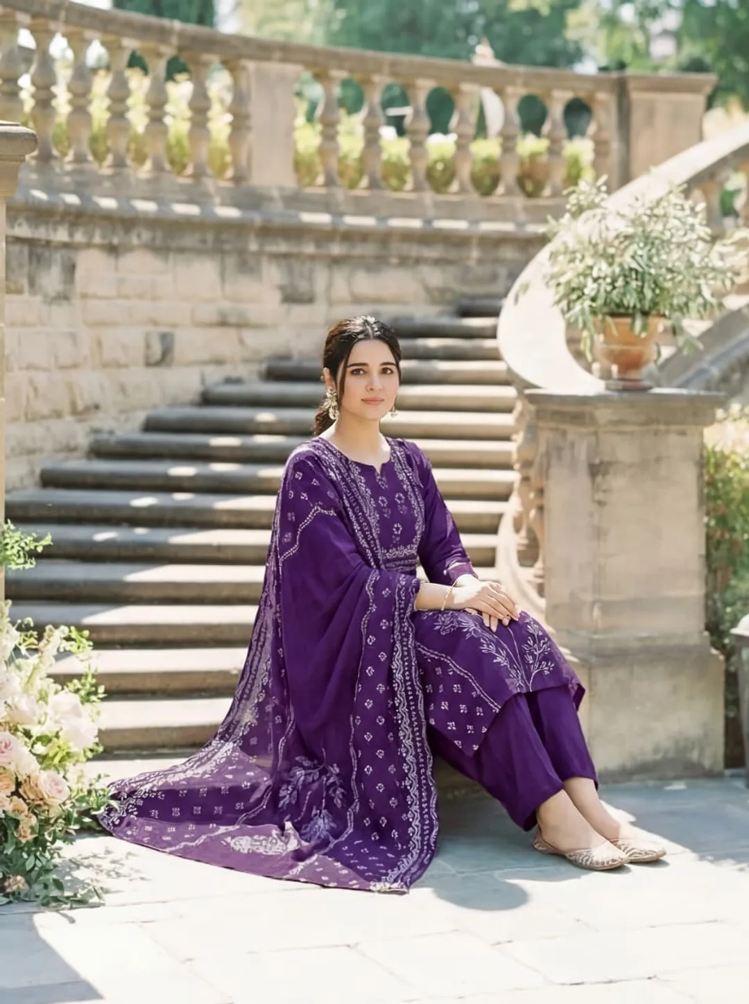Purple Hand Printed Muslin Kurta Set Women | Varnavi Online