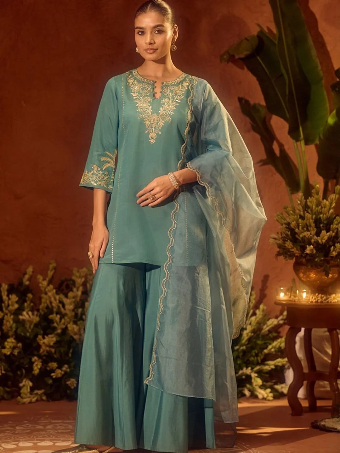 Pastel Blue Chanderi Silk Embroidered Sarara Set for Women