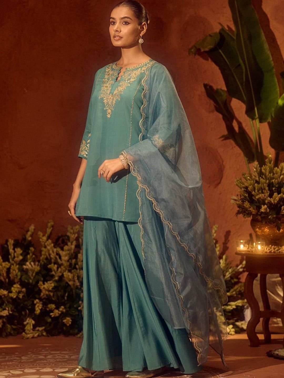 Pastel Blue Chanderi Silk Embroidered Sarara Set for Women