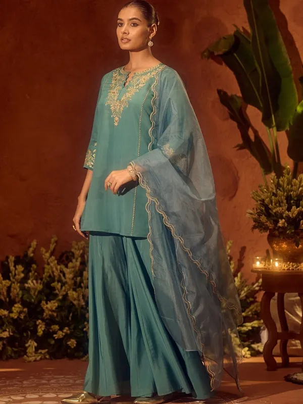 Pastel Blue Chanderi Silk Embroidered Sarara Set for Women