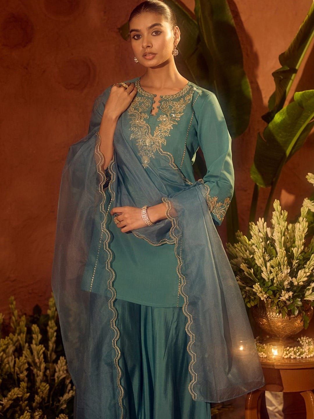 Pastel Blue Chanderi Silk Embroidered Sarara Set for Women