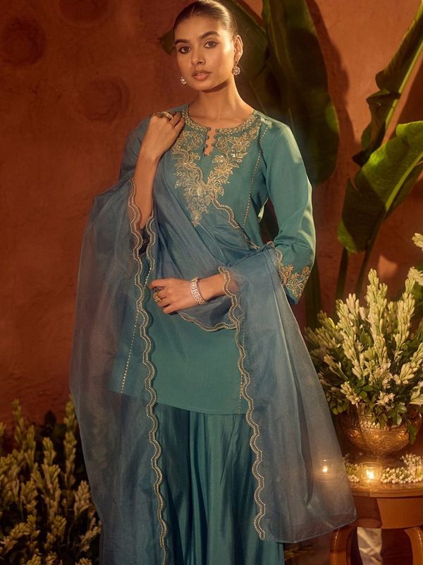 Pastel Blue Chanderi Silk Embroidered Sarara Set for Women