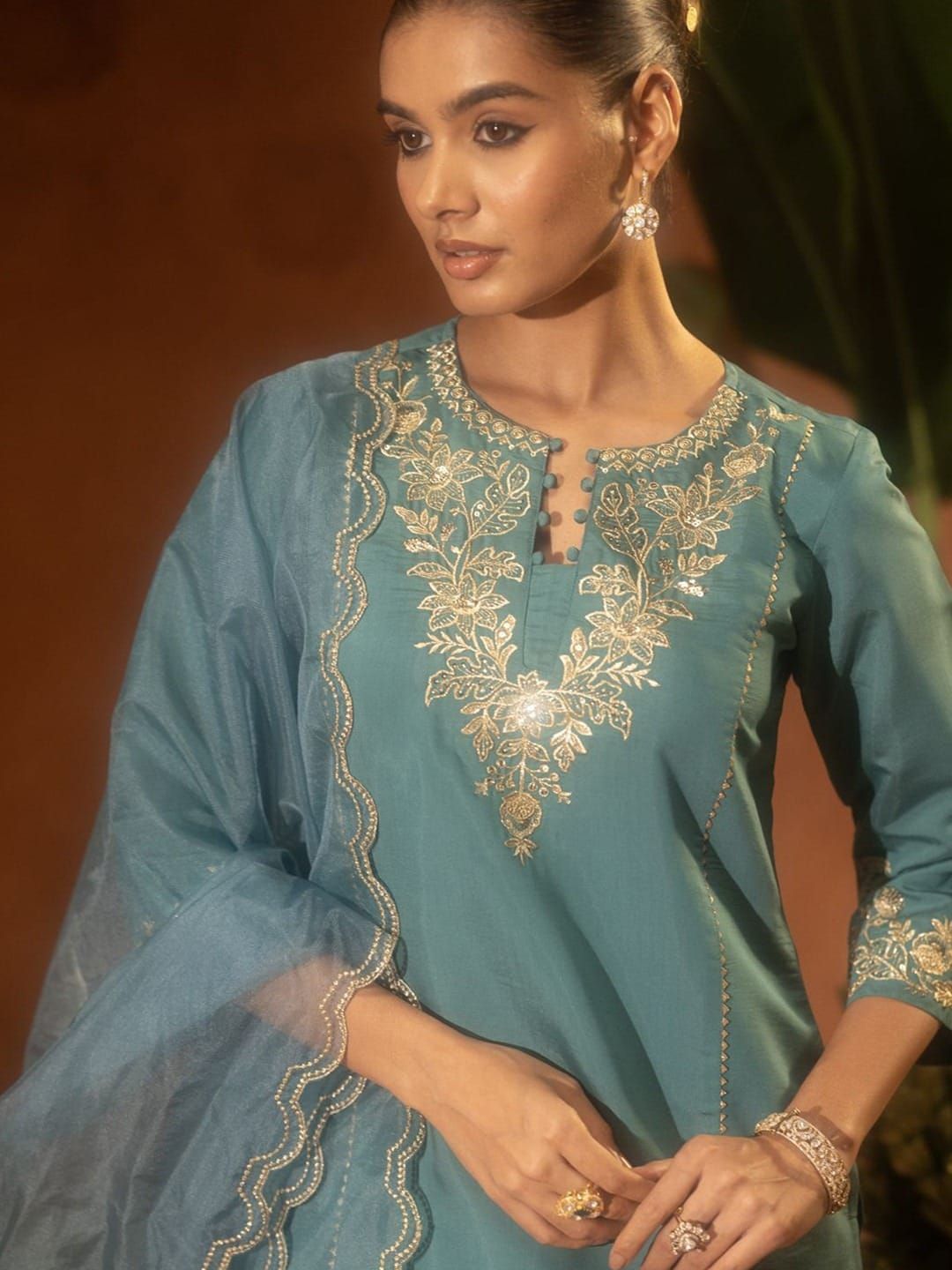 Pastel Blue Chanderi Silk Embroidered Sarara Set for Women