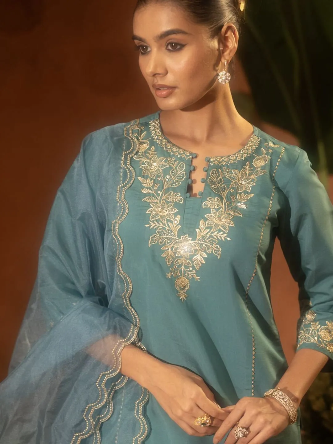 Pastel Blue Chanderi Silk Embroidered Sarara Set for Women