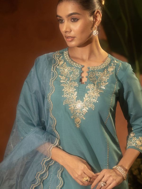 Pastel Blue Chanderi Silk Embroidered Sarara Set for Women