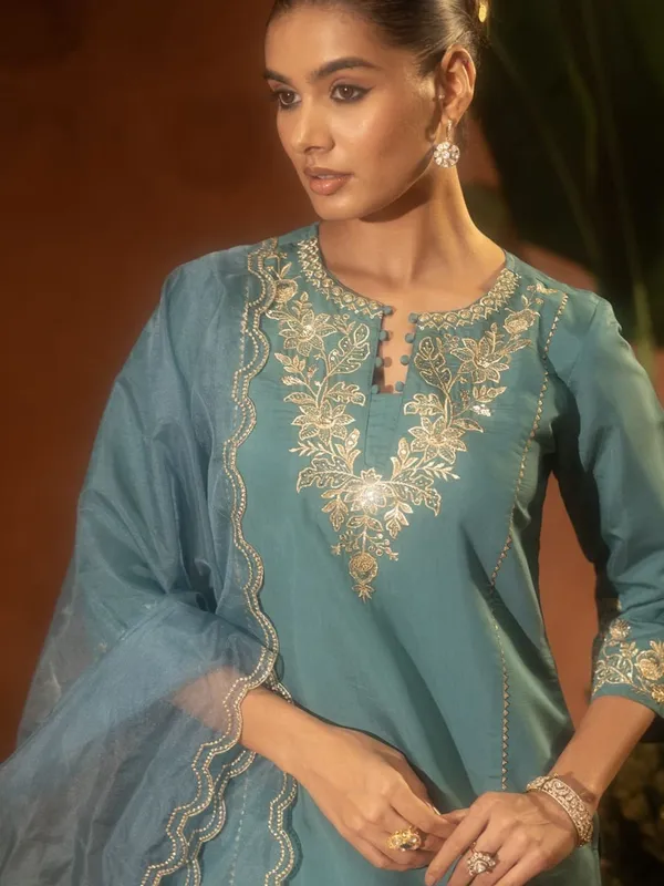 Pastel Blue Chanderi Silk Embroidered Sarara Set for Women