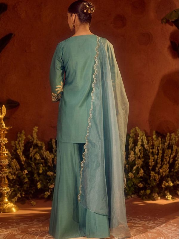Pastel Blue Chanderi Silk Embroidered Sarara Set for Women