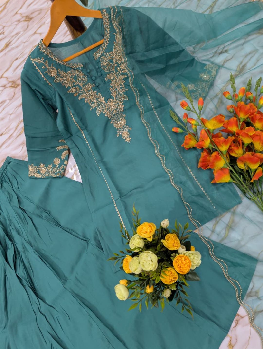 Pastel Blue Chanderi Silk Embroidered Sarara Set for Women