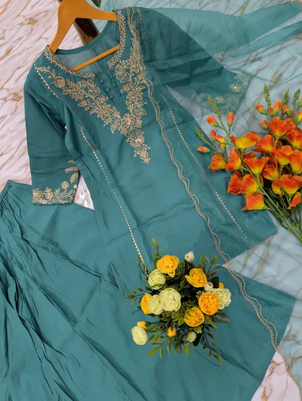 Pastel Blue Chanderi Silk Embroidered Sarara Set for Women