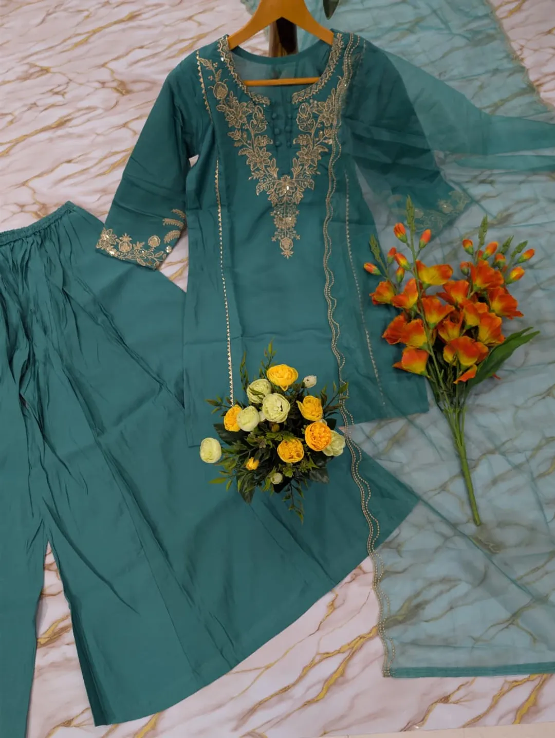 Pastel Blue Chanderi Silk Embroidered Sarara Set for Women