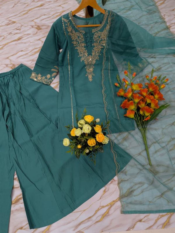 Pastel Blue Chanderi Silk Embroidered Sarara Set for Women