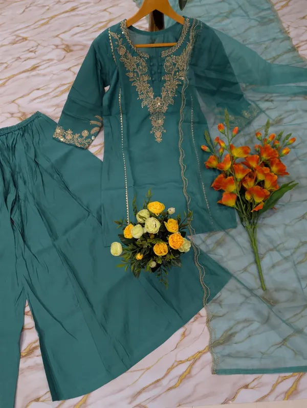 Pastel Blue Chanderi Silk Embroidered Sarara Set for Women