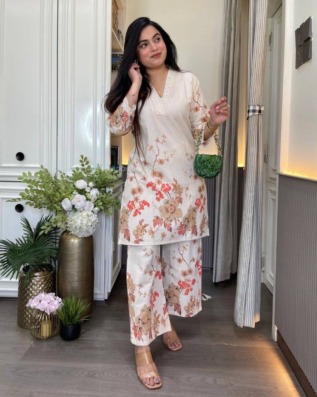 Floral ivory linen salwar suit for navratri