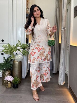 Ivory Floral Linen Cotton Co-Ord Set for Women from Varnavi