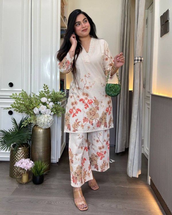 Ivory Floral Linen Cotton Co-Ord Set for Women from Varnavi