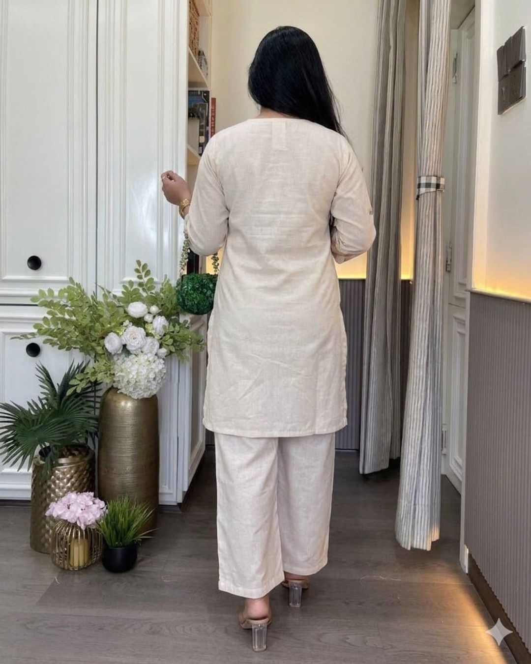 Ivory Floral Linen Cotton Co-Ord Set for Women from Varnavi