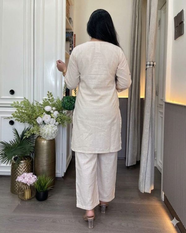 Ivory Floral Linen Cotton Co-Ord Set for Women from Varnavi