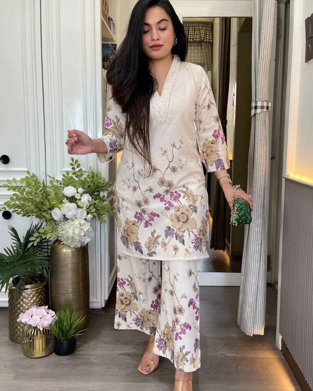 Ivory Floral Linen Cotton Co-Ord Set for Women from Varnavi