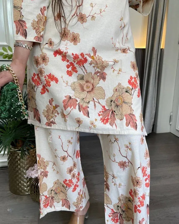 Ivory Floral Linen Cotton Co-Ord Set for Women from Varnavi