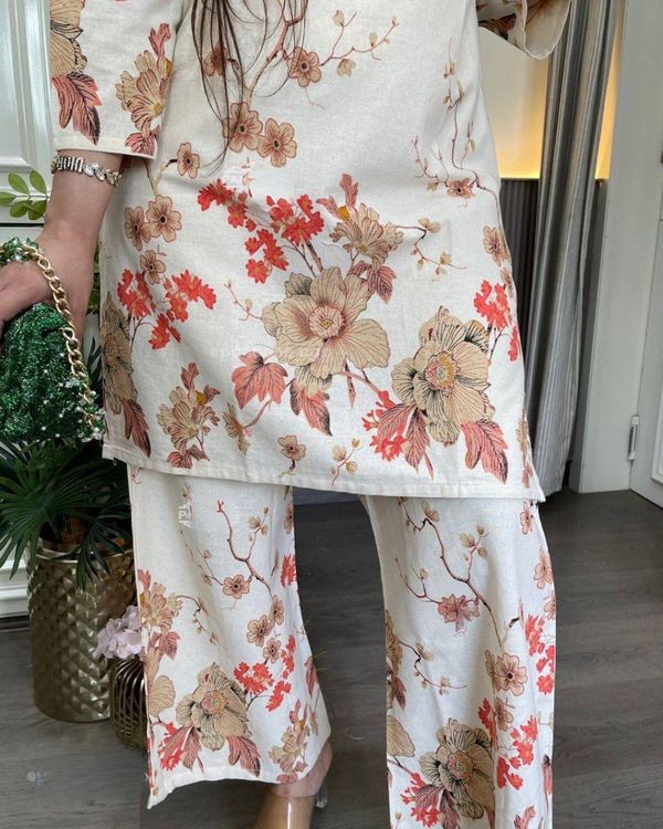 Ivory Floral Linen Cotton Co-Ord Set for Women from Varnavi