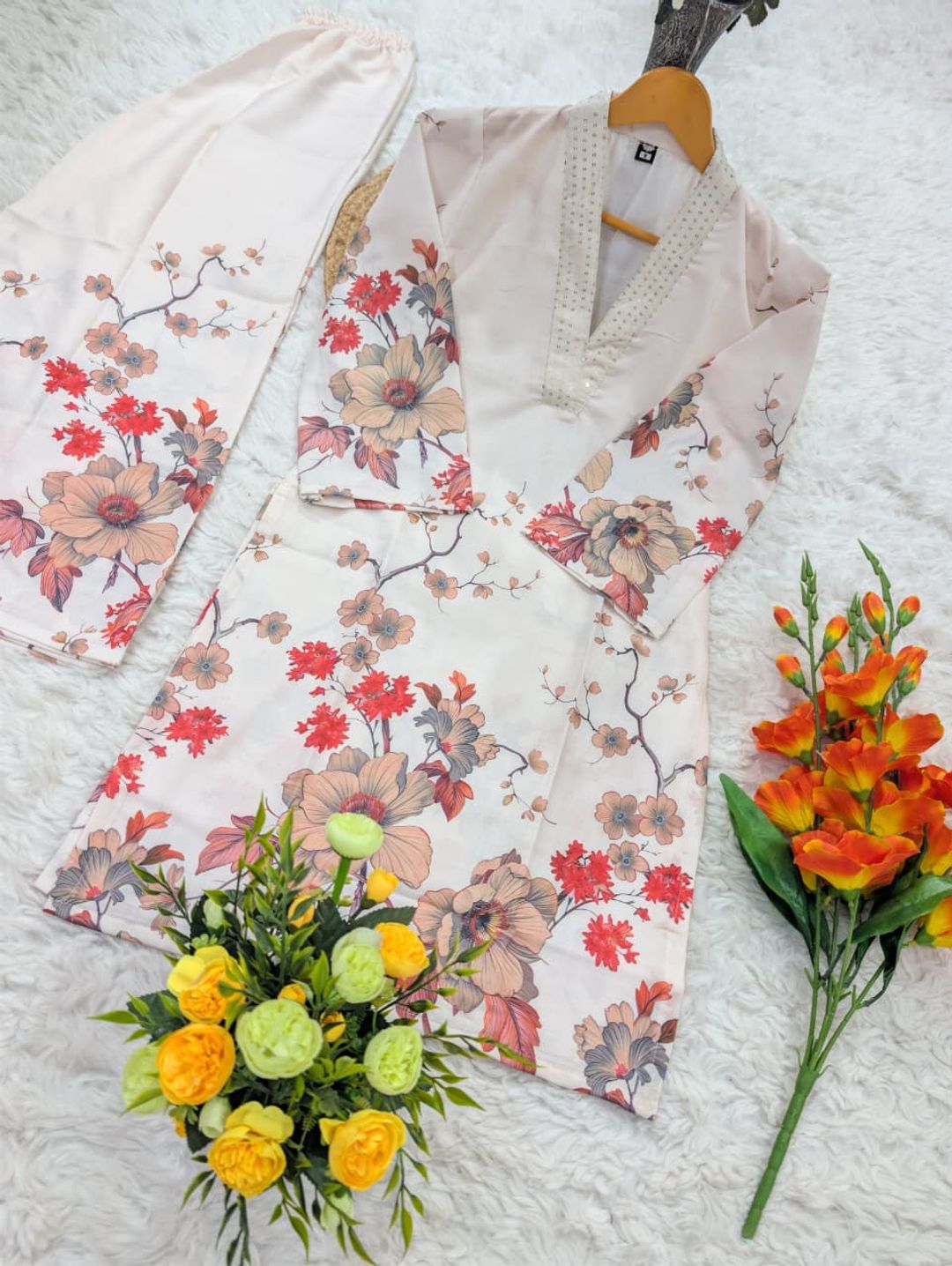 Ivory Floral Linen Cotton Co-Ord Set for Women from Varnavi