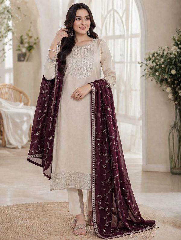 Elegant Beige Vichitra Silk Embroidered Kurta Set for Women
