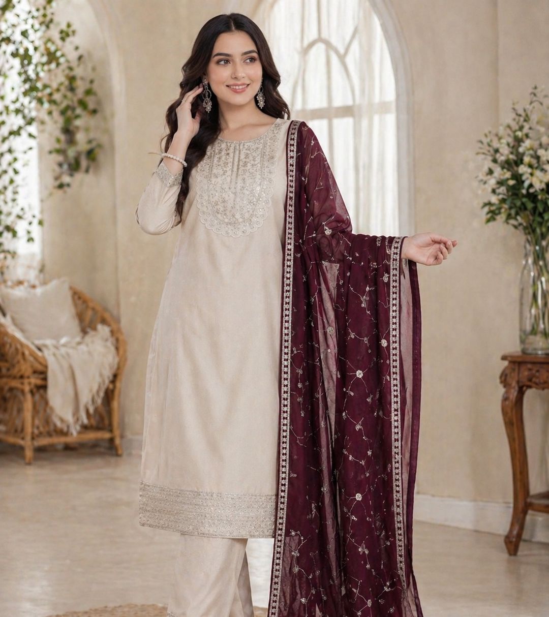 Elegant Beige Vichitra Silk Embroidered Kurta Set for Women