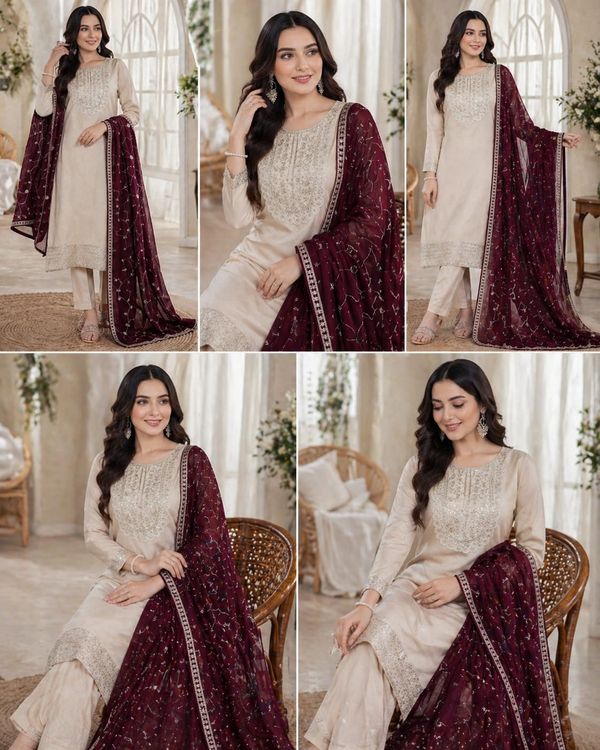 Elegant Beige Vichitra Silk Embroidered Kurta Set for Women