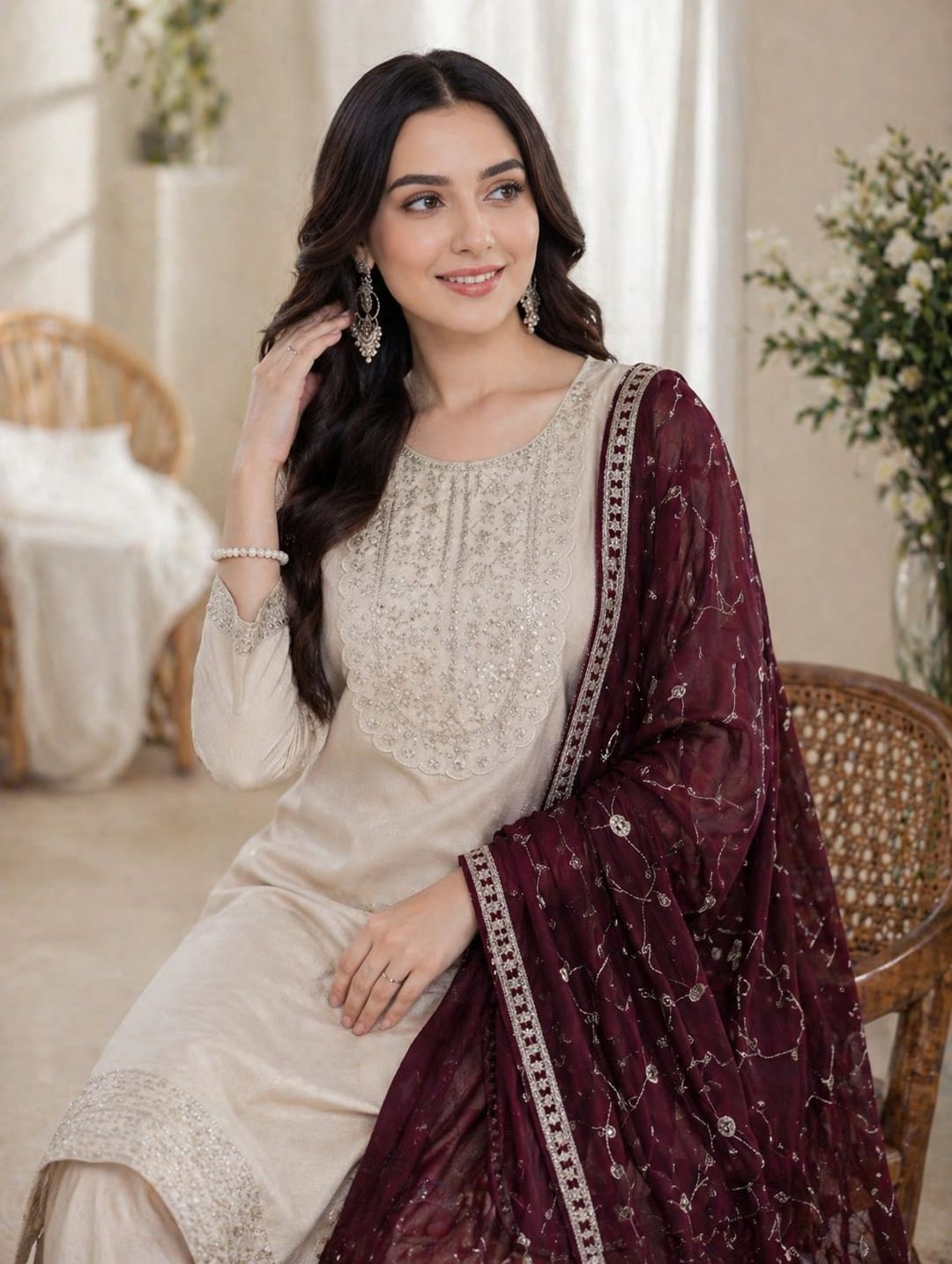 Elegant Beige Vichitra Silk Embroidered Kurta Set for Women