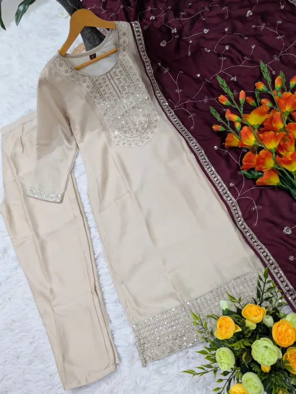 Elegant Beige Vichitra Silk Embroidered Kurta Set for Women