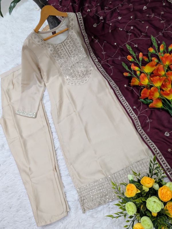 Elegant Beige Vichitra Silk Embroidered Kurta Set for Women