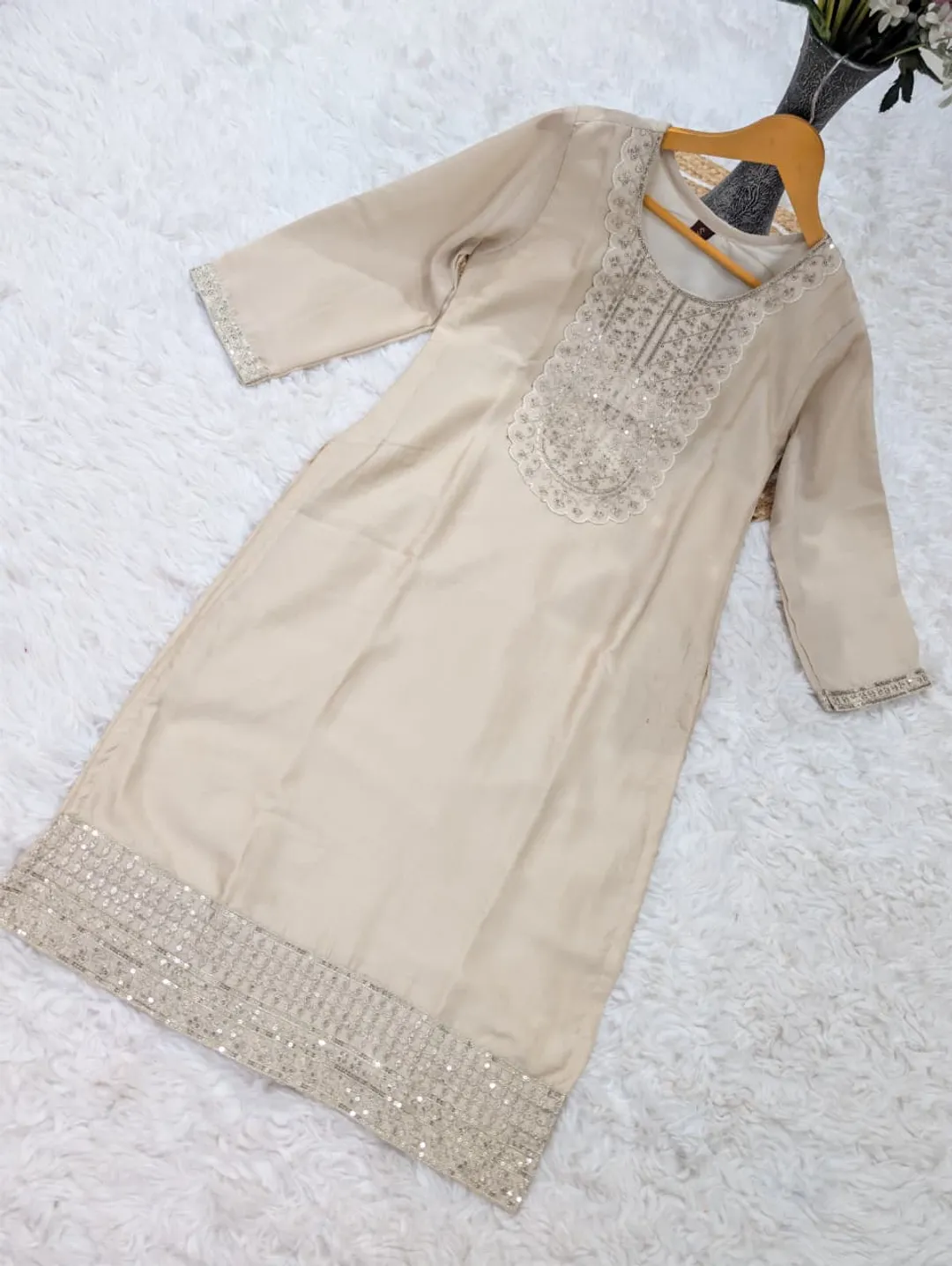 Elegant Beige Vichitra Silk Embroidered Kurta Set for Women