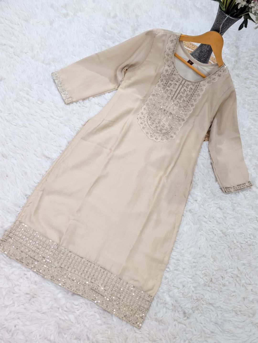 Elegant Beige Vichitra Silk Embroidered Kurta Set for Women
