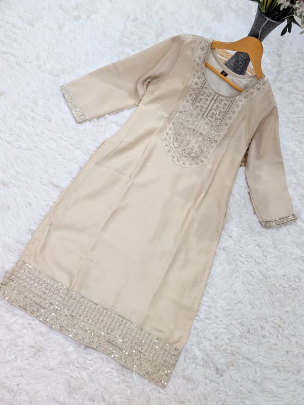 Elegant Beige Vichitra Silk Embroidered Kurta Set for Women