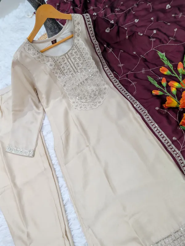 Elegant Beige Vichitra Silk Embroidered Kurta Set for Women
