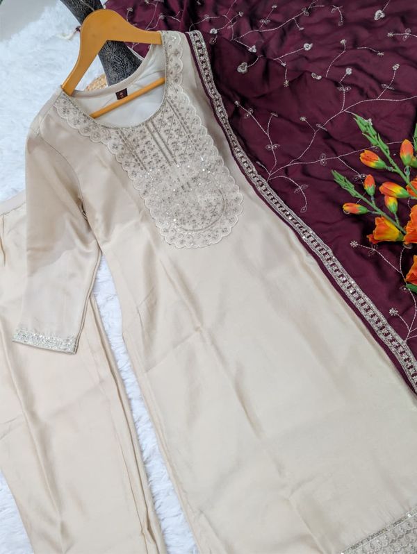 Elegant Beige Vichitra Silk Embroidered Kurta Set for Women