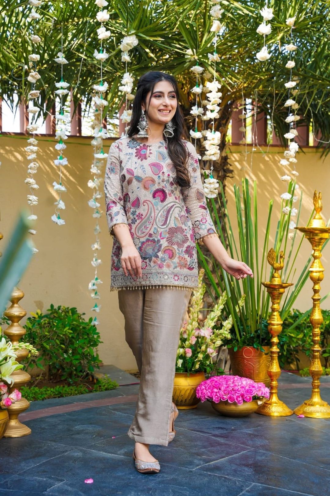 Modern Taupe Vichitra Silk Embroidered Co-Ord Set for Women