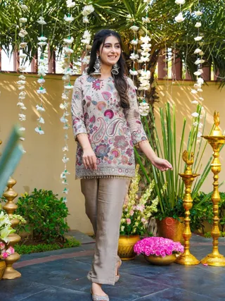 Modern Taupe Vichitra Silk Embroidered Co-Ord Set for Women
