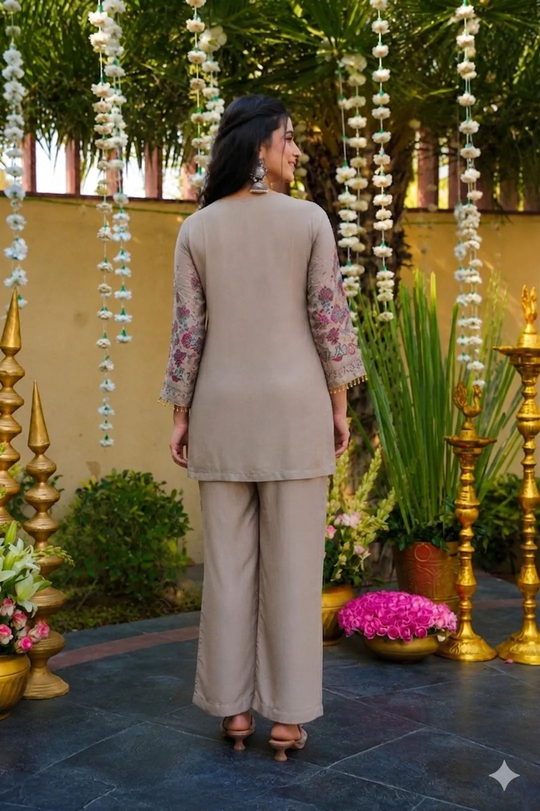 Modern Taupe Vichitra Silk Embroidered Co-Ord Set for Women