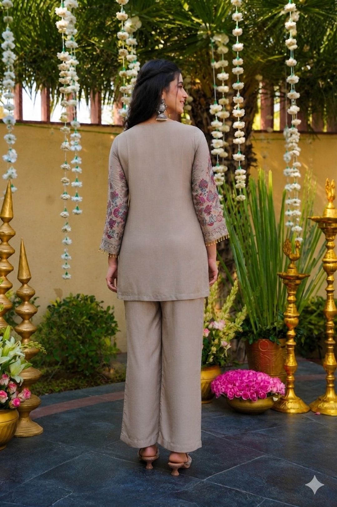 Modern Taupe Vichitra Silk Embroidered Co-Ord Set for Women