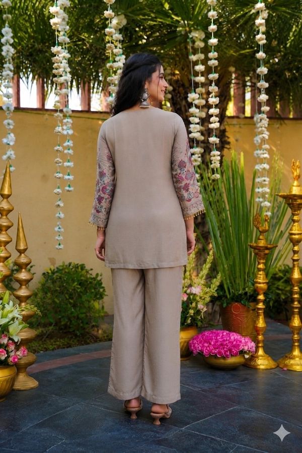 Modern Taupe Vichitra Silk Embroidered Co-Ord Set for Women