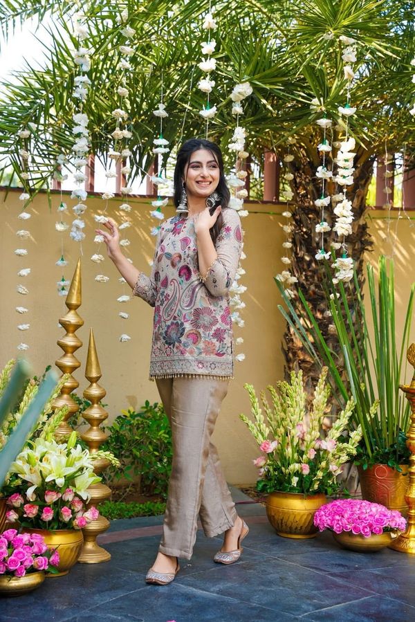 Modern Taupe Vichitra Silk Embroidered Co-Ord Set for Women
