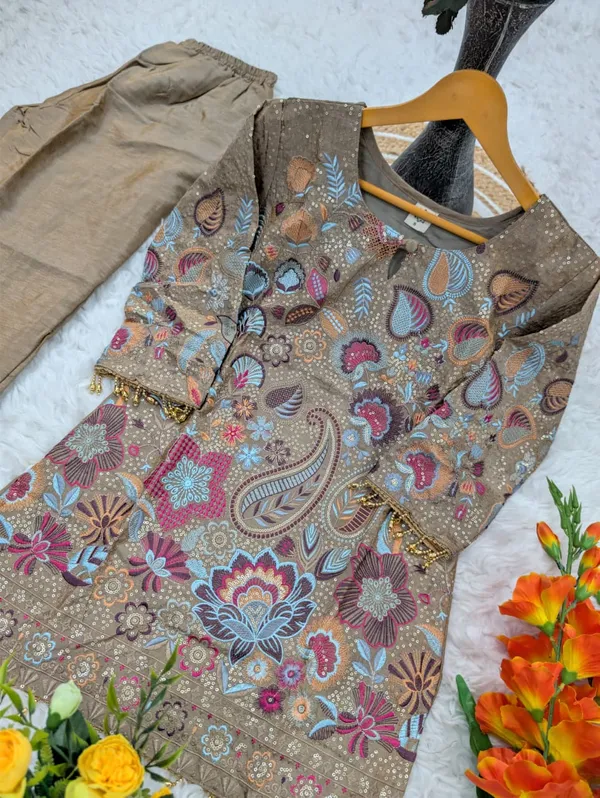 Modern Taupe Vichitra Silk Embroidered Co-Ord Set for Women
