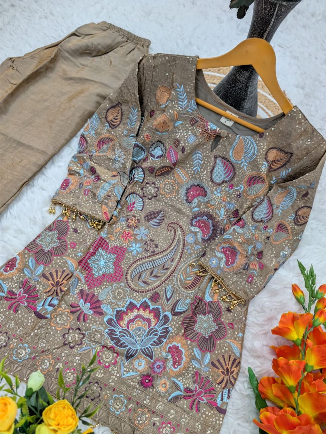 Modern Taupe Vichitra Silk Embroidered Co-Ord Set for Women