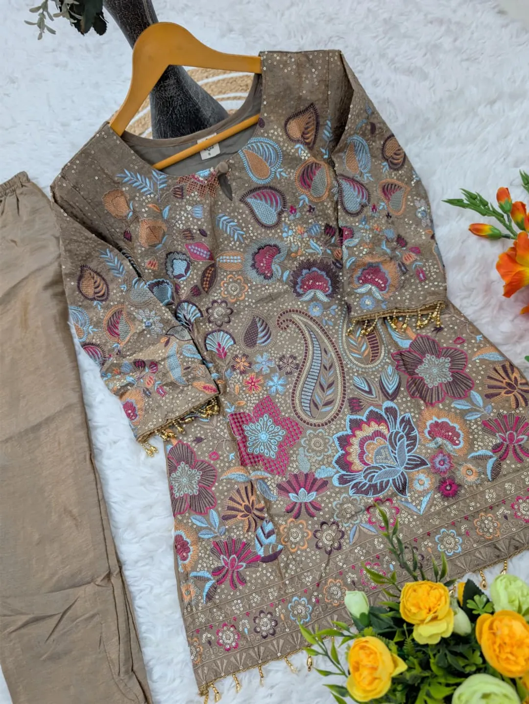 Modern Taupe Vichitra Silk Embroidered Co-Ord Set for Women