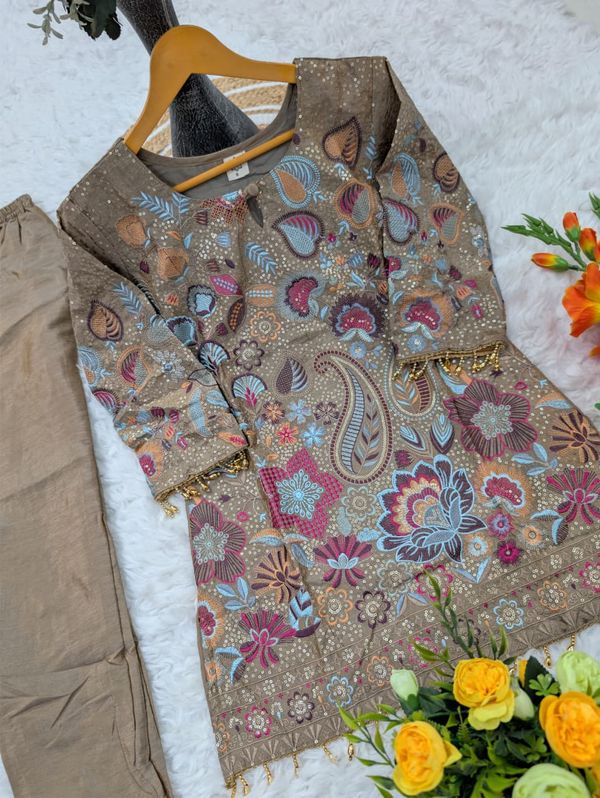 Modern Taupe Vichitra Silk Embroidered Co-Ord Set for Women