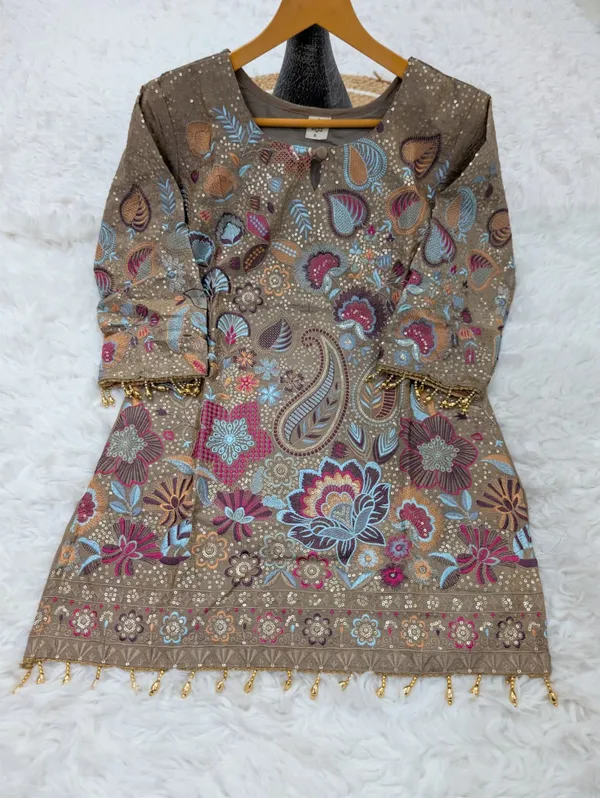 Modern Taupe Vichitra Silk Embroidered Co-Ord Set for Women