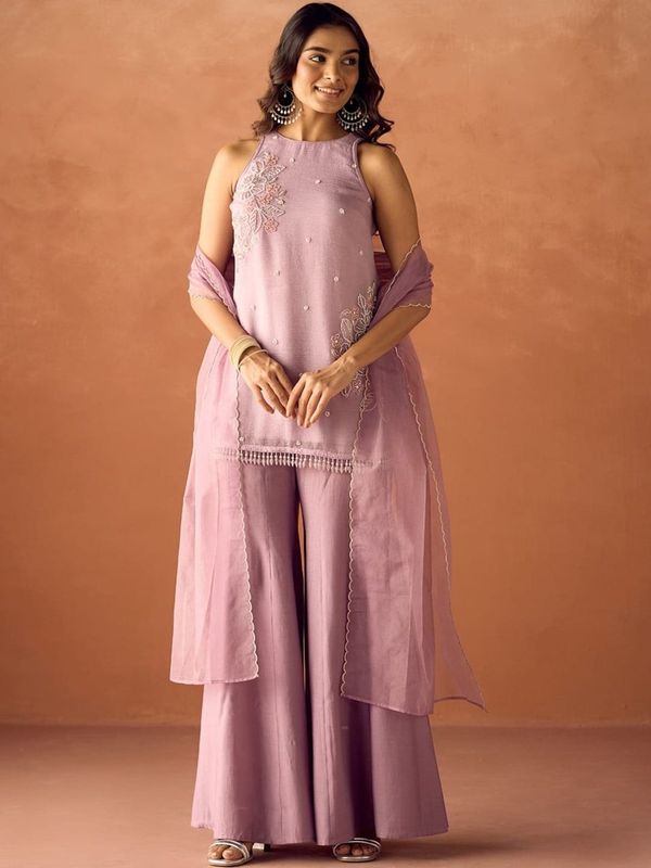 Mauve Crunchy Silk Embroidered Kurti Palazzo Set for Women