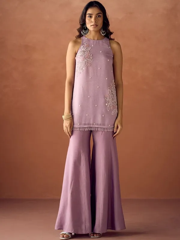 Mauve Crunchy Silk Embroidered Kurti Palazzo Set for Women