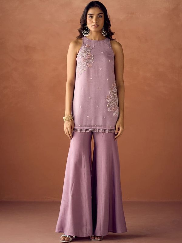 Mauve Crunchy Silk Embroidered Kurti Palazzo Set for Women
